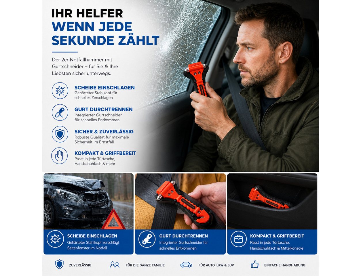 autogadget® Hammer 2 Auto-Notfallhämmer mit Gurtschneider und Halterung (2er Set, 2-St., 2 Stück) – Bild 2 von 5