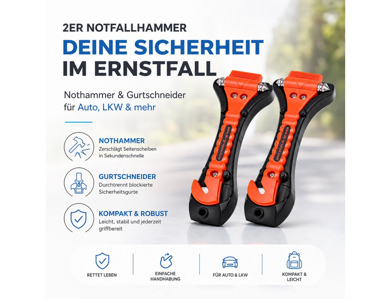 autogadget® Hammer 2 Auto-Notfallhämmer mit Gurtschneider und Halterung (2er Set, 2-St., 2 Stück) – Bild 3 von 5