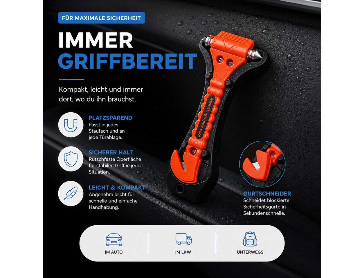 autogadget® Hammer 2 Auto-Notfallhämmer mit Gurtschneider und Halterung (2er Set, 2-St., 2 Stück) – Bild 5 von 5