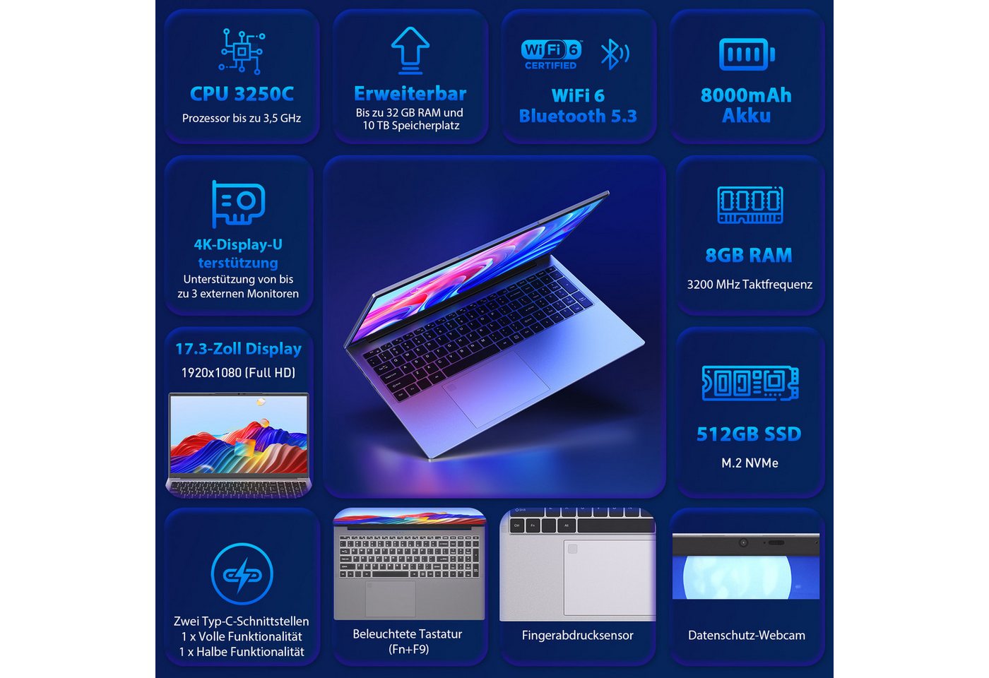 Auusda 17.3 Zoll Laptop, R3 3250C Processzor, 8GB RAM, 512GB NVMe SSD Notebook (R3 3250C, 8 GB, 512 GB SSD) – Bild 2 von 5