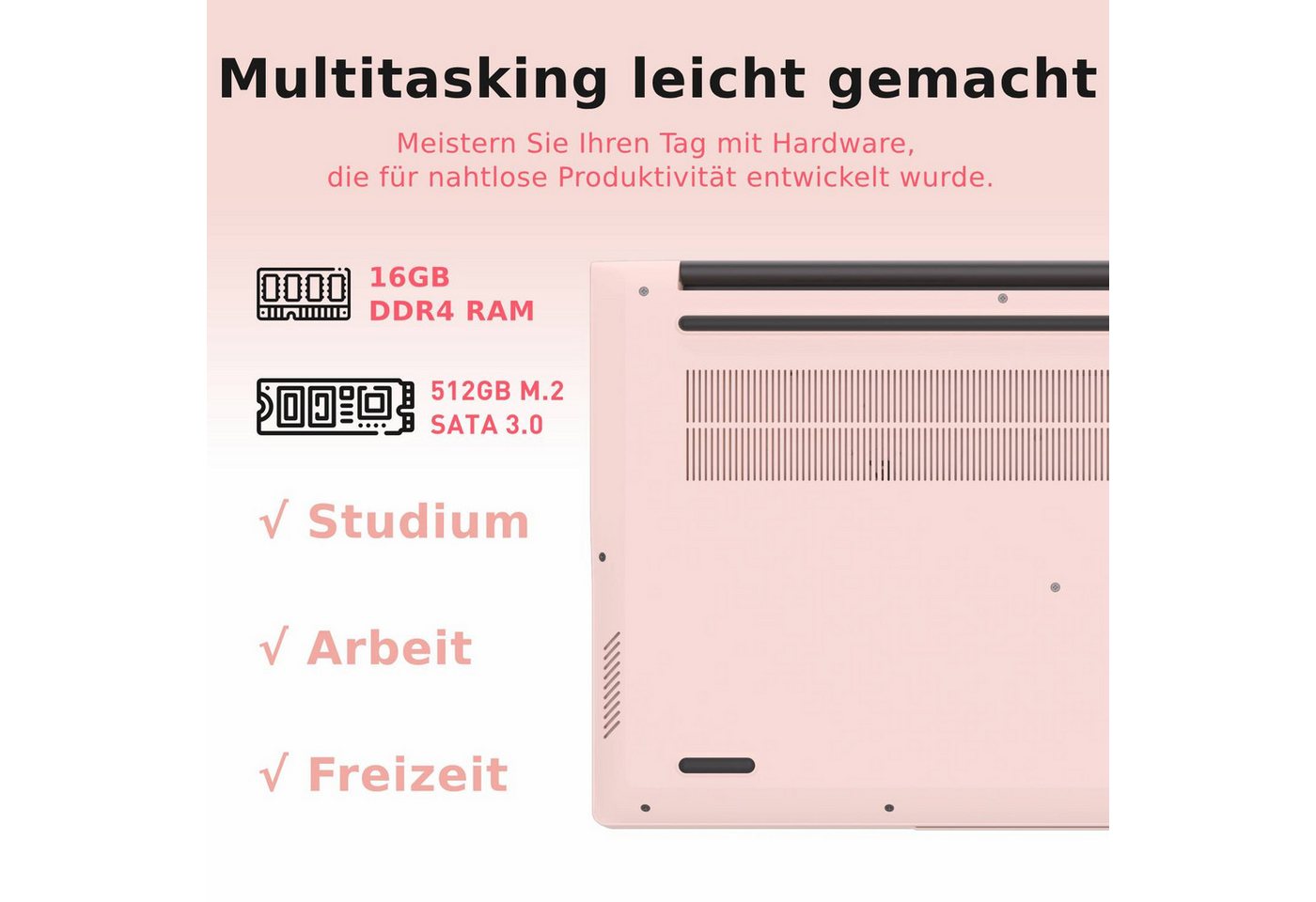 Auusda T156A Rosa/Silber Laptop, 15.6 Zoll, 3050e Prozessor, 512GB NVMe SSD Notebook (Core 3050E, 16 GB, 512 GB SSD, mit beleuchtete Tastatur und integrierter P – Bild 4 von 5