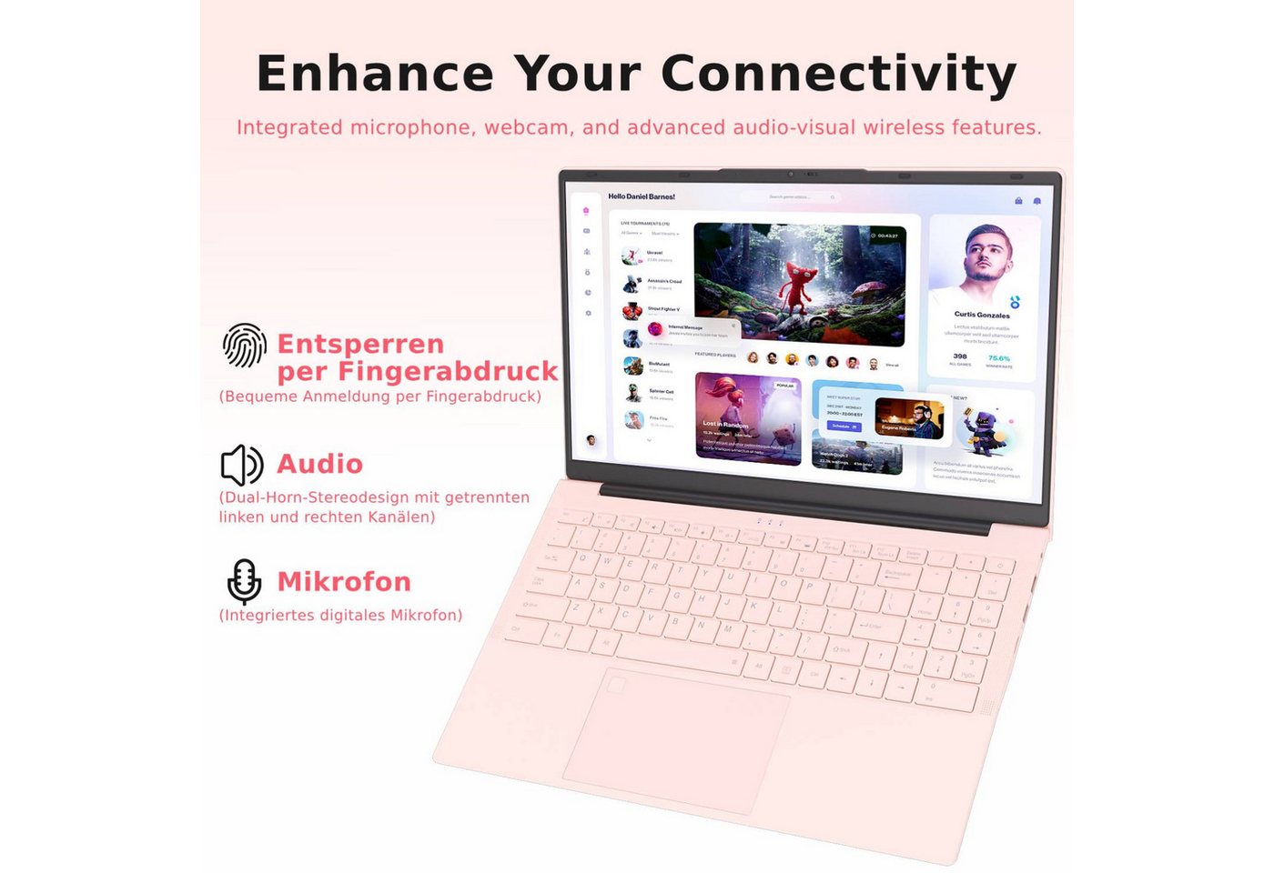 Auusda T156A Rosa/Silber Laptop, 15.6 Zoll, 3050e Prozessor, 512GB NVMe SSD Notebook (Core 3050E, 16 GB, 512 GB SSD, mit beleuchtete Tastatur und integrierter P – Bild 5 von 5