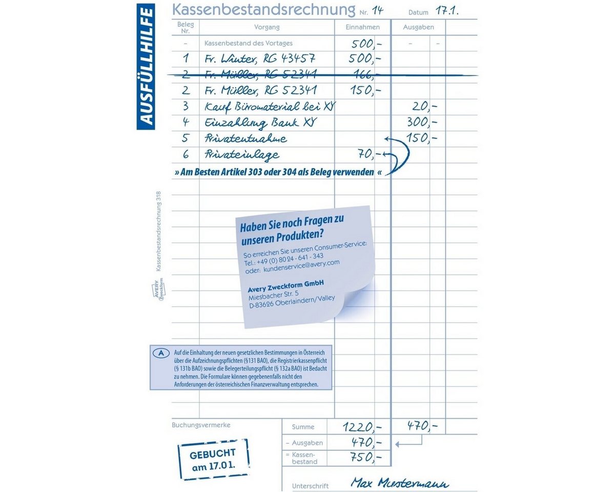 Avery Zweckform Formularblock Formularbuch Kassenbericht A5 VE=50 Blatt mit Ausfüllhilfe – Bild 2 von 5
