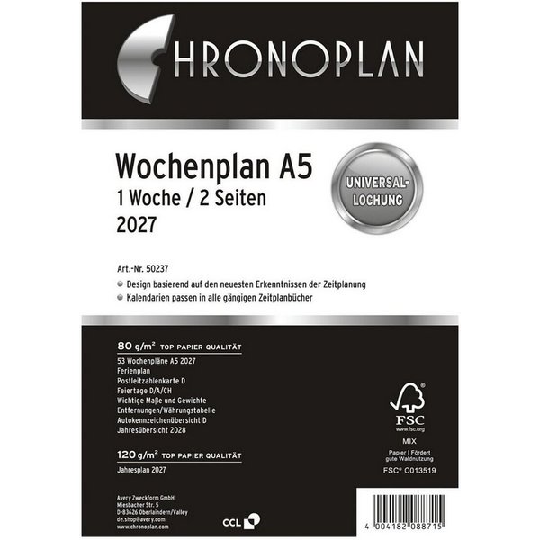 Avery Zweckform Terminplaner Chronoplan Wochenplan 2027, Kalendereinlage, 1 Woche = 2 Seiten