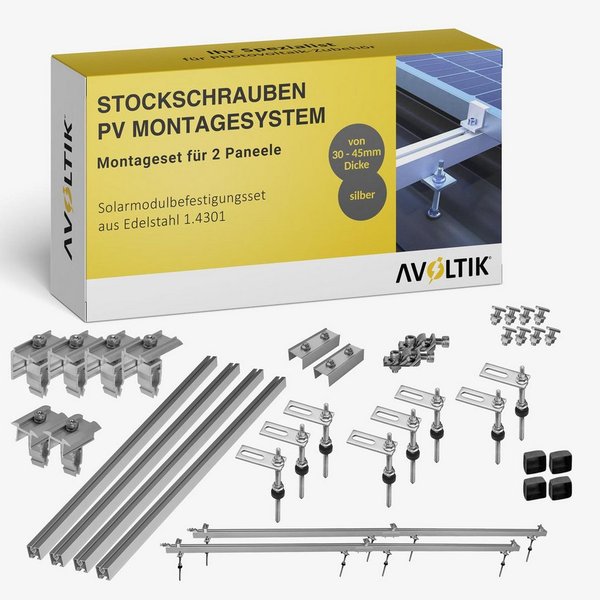 avoltik Solarmodul-Halterung PV Halterung Blechdach Montageset für 2 Module, (Montage-Set, Für 2 Module, 200 mm Stockschrauben mit EPDM-Dichtung, Robust, Witter