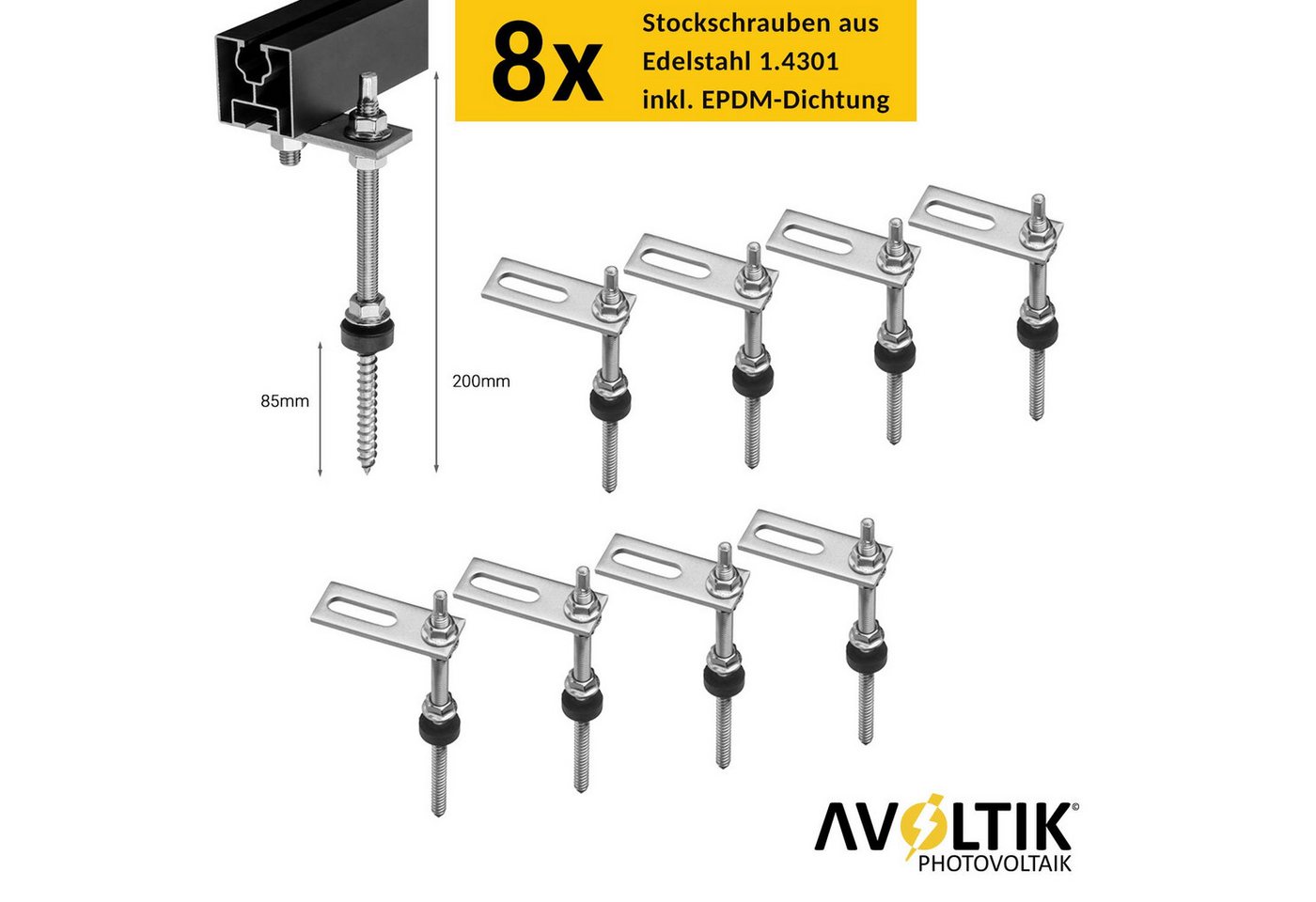 avoltik Solarmodul-Halterung PV Halterung Blechdach Montageset für 2 Module, (Montage-Set, Für 2 Module, 200 mm Stockschrauben mit EPDM-Dichtung, Robust, Witter – Bild 2 von 5