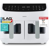 MEDION LIFE P20 XXL Twin Doppelzonen-Heißluftfritteuse MD11760 matt weiß, 100 Rezepte in der Life+ App, 2 separate Garzonen, 10 Automatikprogramme, 8,7 L Gesamt