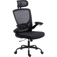 HOMCOM Ergonomischer Bürostuhl, Verstellbare Lenden- und Kopfstütze, Klappbare Armlehnen, Drehstuhl, Höhenverstellbar, Wippfunktion, Atmungsaktives Netz, Schwar – Ansicht 1