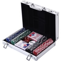 HOMCOM Pokerkoffer mit 200 Pokerchips, 2 Kartenspielen & 5 Würfeln im Alukoffer, 29,5x20,5x6,5 cm, ideal für Spieleabende Aosom.de – Ansicht 1