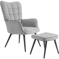 HOMCOM Ohrensessel mit Hocker, Loungesessel Relaxsessel Polstersessel Samtoptik Fernsehsessel Esszimmerstuhl bis 120 kg hellgrau Aosom.de – Ansicht 1