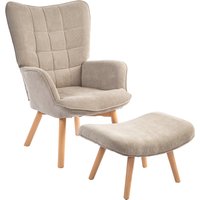 HOMCOM Sessel mit Hocker, Ohrensessel in Cord-Optik, Loungesessel, Armlehnstuhl mit Holzbeine, Fernsehsessel für Wohnzimmer, Hellbraun Aosom – Ansicht 1