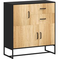 HOMCOM Moderne Kommode Aufbewahrungsschrank mit 3 Schränken und 2 Schubladen, Mehrzweckschrank aus Spanplatte und Stahl, 80x35x85 cm, Schwarz und Holzoptik Aoso – Ansicht 1