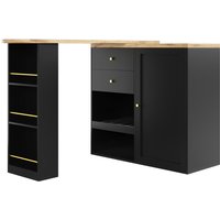 Um 360° drehbarer Bartisch mit 2 Schubladen und Schiebetürschrank, 3 Ebenen offener Stauraum, Schwarz