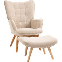HOMCOM Ohrensessel mit Hocker Relaxsessel Polstersessel Cord-Optik Loungesessel Armlehnstuhl Holzbeine Fernsehsessel Beige für Wohnzimmer Aosom.de – Ansicht 1
