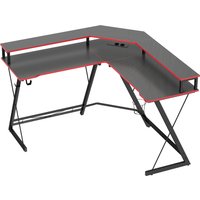 HOMCOM Gaming Tisch L Form mit Steckdosen, USB-Anschlüssen Computertisch 128x128 cm Eckschreibtisch mit Monitorständer, Kopfhörerhalter, Carbon-Optik und Geträn – Ansicht 1