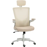 HOMCOM Ergonomischer Bürostuhl, höhenverstellbarer Bürostuhl mit Lendenstütze, Kopfstütze, hochklappbaren Armlehnen, Wippfunktion, 360°-Drehung und Rollen, beig – Ansicht 1