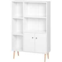 HOMCOM Skandinavisches Bücherregal mit Abmessungen 80L x 23,5B x 123H cm, 5 Nischen, Schrank, 2 Türen, schräge massive Holzfüße, Spanplatten in Weiß Aosom – Ansicht 1