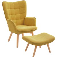 HOMCOM Sessel mit Hocker Skandinavisch, Belastbarkeit 150 kg, moderner Sessel mit Hocker, Armlehnstuhl mit Holzbeine, Gelb Aosom.de – Ansicht 1