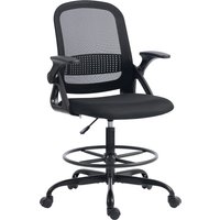 HOMCOM Ergonomischer Bürostuhl, Mesh-Bürostuhl mit klappbaren Armlehnen, höhenverstellbar, Fußstütze, Rollen, für Arbeit oder Studium, Grau Aosom – Ansicht 1