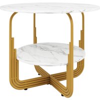 Runder Esstisch für 4 Personen, MDF Tischplatte mit unterem Stauraum, 80x80x76 cm, Weiß+Gold – Ansicht 1
