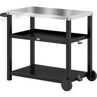 Outsunny Grillwagen 3-Etagen Servierwagen mit Arbeitsfläche Ablagen Haken Räder, Edelstahl BBQ Grilltisch, Grill Beistelltisch, Outdoor Rollwagen, Holzkohlegril – Ansicht 1
