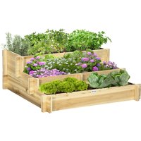 Outsunny Hochbeet aus Holz 93x93x35cm wetterfest 3-stufige Blumenkasten mit Stoffauskleidung geteilte Pflanzfläche Steckdesign Natur Aosom.de – Ansicht 1