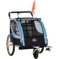 HOMCOM Fahrradanhänger 2 in 1 Kinderwagen Buggy, 360° Drehbar, Stahl Oxford, Blau+Schwarz Aosom – Ansicht 1