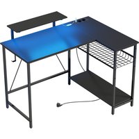 HOMCOM Reversibler L-Gaming-Schreibtisch mit LED, 114.5x82cm Eck-Schreibtisch mit Steckdosen, Monitorhalterung und verstellbaren Netzregalen, Gaming-Station für – Ansicht 1