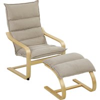 HOMCOM Sessel mit Hocker, Leinenoptik, breite Sitzfläche, sanfte Schaukel, hoher Rücken, geschwungene Holzfüße und Armlehnen, Wohnzimmer- und Schlafzimmersessel – Ansicht 1