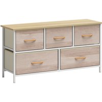 HOMCOM Kommode mit 5 Schubladen aus Stoff Schubladenschrank Aufbewahrungsschrank mit Metallrahmen Schrank für Wohnzimmer, Schlafzimmer, 100x30x51,5 cm Naturholz