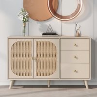 Sideboards, TV-Ständer mit 2 Türen 3 Schubladen, Rattangewebe großer Stauraum, massivem Kiefernholz Beine, 120 x 40 x 82,5 cm, Naturfarbe Aosom.de – Ansicht 1
