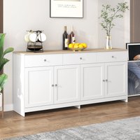 Sideboard Landhausstil Weiss 160cm Holzmaserung mit 4 Türen und 3 Schubladen für Wohnzimmer Esszimmer Rustikaler Buffet Weiss Aosom.de – Ansicht 1