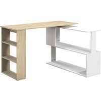 HOMCOM Eckschreibtisch Esstisch mit Stauraum modularer Computertisch integriertes Bücherregal + 3-stufiges Regal weiß und Naturholz Aosom – Ansicht 1