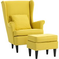 HOMCOM Ohrensessel mit Hocker Sessel mit Leinenoptik, Lendenkissen, Loungesessel Modern Relaxsessel mit Armlehne für Wohnzimmer Schlafzimmer Gelb Aosom – Ansicht 1