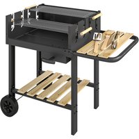 Outsunny Holzkohlegrill Grillwagen mit 4-fach höhenverstellbarer Grillrost 2 Holzablage 2 Räder Aschebehälter, fahrbar Holzkohle Grill 10 Personen für Terrasse  – Ansicht 1