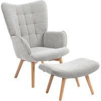 HOMCOM Ohrensessel mit Hocker, Relaxsessel, Polstersessel in Cord-Optik, Loungesessel, Armlehnstuhl mit Holzbeine, Fernsehsessel für Wohnzimmer, Grau Aosom – Ansicht 1