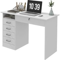HOMCOM Moderne Computertisch Schreibtisch mit 5 Schubladen, großer Tischplatte, 1 offenes Fach, abschließbare Schublade, 110 x 50 x 76 cm, Weiß Aosom
