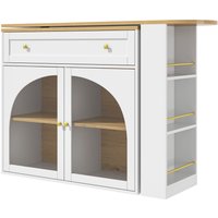 Ausziehbarer Bartisch mit Stauraum, 360° drehbare Essbar mit dreistufigem Seitenregal und Sicherheitsglas-Türen, 138-204x39x104 cm, Weiß – Ansicht 1