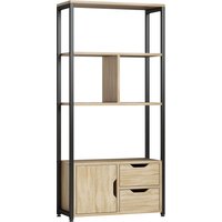 HOMCOM Bücherregal Industrial-Stil 3 Ablagen Schranktür 2 Schubladen Spanplatten Holzoptik schwarzer Stahl Aosom – Ansicht 1