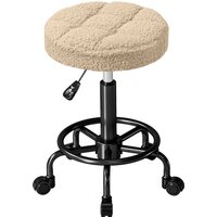 HOMCOM Drehbarer Runder Hocker mit Rollen, Höhenverstellbar 50-66 cm, Sitzbezug aus Frotteestoff für Salons, Werkstätten, Spa, Massage Hellbraun Aosom – Ansicht 1