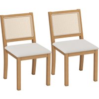 HOMCOM 2er-Set Esszimmerstühle, Küchenstühle mit gepolstertem Sitz, Rückenlehne in Rattan-Optik, Gestell aus massivem Gummibaumholz, Leinenoptik-Stoff, Creme un – Ansicht 1