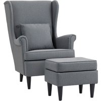 HOMCOM Ohrensessel mit Hocker Sessel mit Leinenoptik, Lendenkissen, Loungesessel Modern Relaxsessel mit Armlehne für Wohnzimmer Grau Aosom – Ansicht 1