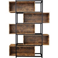 Bücherregal mit 5 Etagen, Holzmaserung und Schwarzem Stahlrohr, 121×35×176 cm, Schwarz + Braun – Ansicht 1
