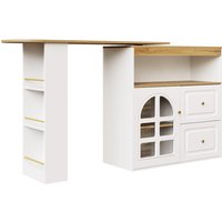 360° drehbarer Sideboardschrank, mit 2 Schubladen, Snackregal, Bogenglas, 138-204x39x104 cm, Weiß – Ansicht 1