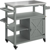 Outsunny Garten-Servierwagen Grillwagen auf Rollen Kücheninsel aus Holz mit Edelstahlplatte Schrank offene Regale Gewürzhalter Serviettenhalter Flaschenöffner 1 – Ansicht 1