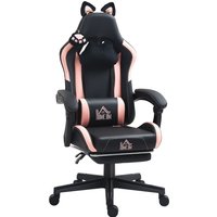HOMCOM Gaming-Stuhl, Ergonomischer Gamer-Stuhl mit Lendenwirbelstütze, Fußstütze, Gaming-Sessel mit Katzenohren, Kopfkissen, Höhenverstellbar Bürostuhl mit Lieg