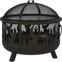 Outsunny Feuerschale Ø61 x 55cm aus Metall Feuerstelle mit Funkenschutz Schürhaken Grillrost Feuerschalen für Garten, Balkon Terrasse, BBQ Camping Schwarz Aosom – Ansicht 1