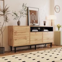 Holz-Sideboard, modern mit drei Türen und verstellbaren Regalen, einfache Montage, platzsparend und robust, 160 x 35 x 76 cm, Schwarze+Holzfarbe