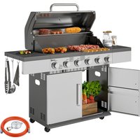 Outsunny Gasgrill 8500BTU Grillwagen inkl 6 Edelstahl-Brenner Rolle Thermometer Druckminderer Gasschlauch Deckel Seitenablagen, BBQ Gartengrill für Balkon, Camp – Ansicht 1