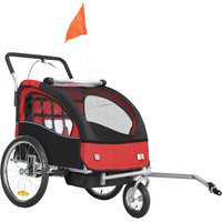 HOMCOM Fahrradanhänger für Kinder 2-in-1 Kinderwagen Fahrradanhänger 2 Sitze mit 5-Punkt-Sicherheitsgurt, Reflektoren, Fahne und Windschutz, Traglast 40 kg, rot – Ansicht 1